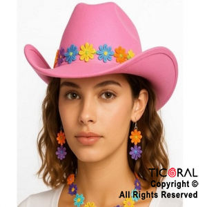 SET DISFRAZ PRIMAVERAL CON SOMBRERO ROSA COLLAR Y ARITOS CON FLORES